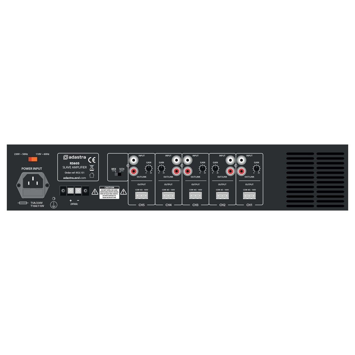Amplificador sonor. 5x60w 100v. 5-zon c/vol. ind. rs605