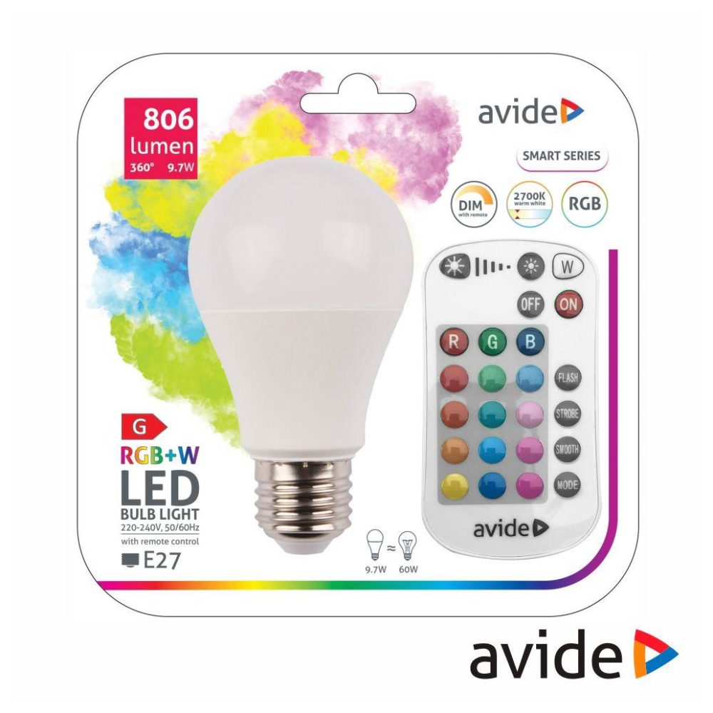 Lampada E27 leds RGBW 9.7w c/comando ASG27RGBW-9.7W-RC