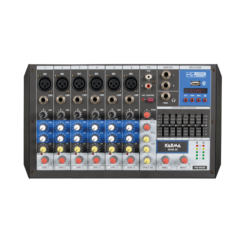 mxm08 Mesa de Mistura 8 canais 6mic+2st+usb+blue MXM08 KARMA
